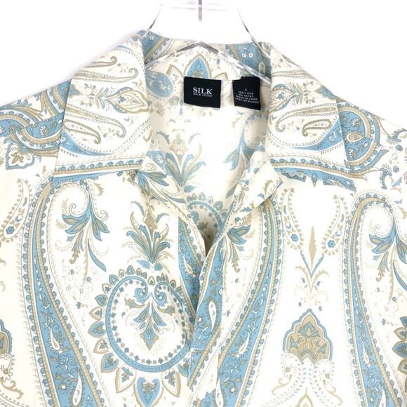 Silk Icon Blouse Women's S Cream Blue Paisley Print 100% Silk Tunic Shirt - Picture 2 of 12